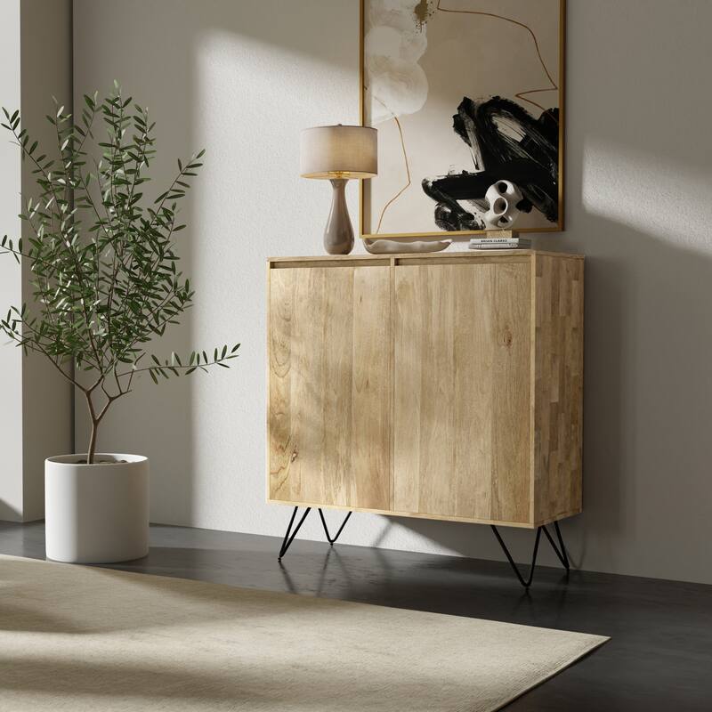 WYNDENHALL Moreno SOLID MANGO WOOD & Metal 39 inchWide Modern Medium Storage Cabinet in Natural - 17"d x 39"w x 42"h - 17"d x 39"w x 42"h - Natural