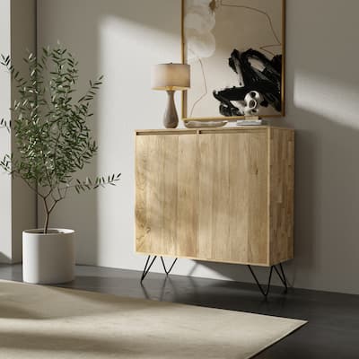 WYNDENHALL Moreno SOLID MANGO WOOD & Metal 39 inchWide Modern Medium Storage Cabinet in Natural - 17"d x 39"w x 42"h