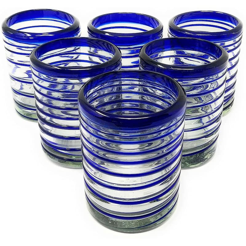 Dos Sueños Hand Blown Mexican Drinking Glasses - Set of 6 Tumbler Glasses with Blue Spiral Design (10 oz each) - Set of 6