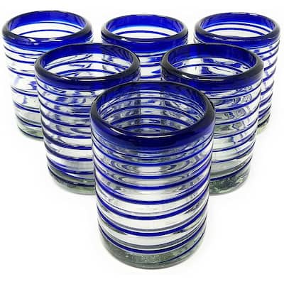 Dos Sueños Hand Blown Mexican Drinking Glasses - Set of 6 Tumbler Glasses with Blue Spiral Design (10 oz each)
