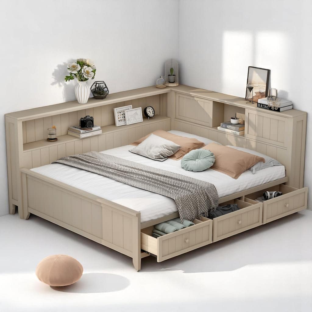 Full/Twin Daybed with Storage Shelves and 3 Drawers, Antique White Milk Farmhouse Platform Bed Frame, No Box Spring Needed