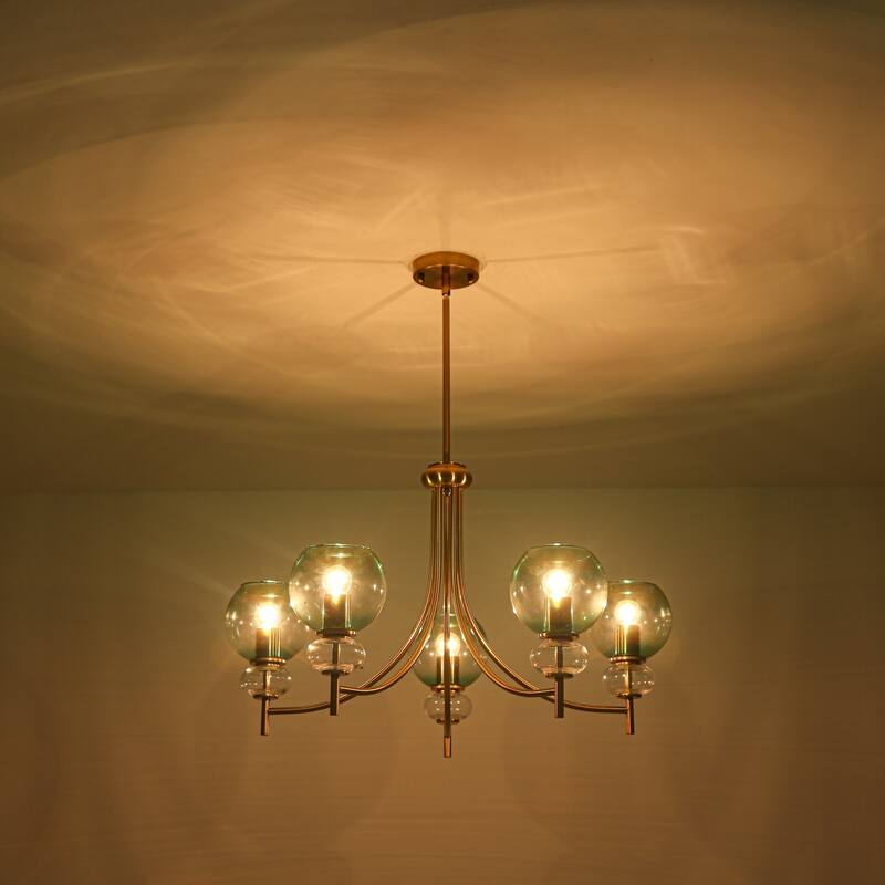 5-Light Mid-Century Modern Luxury Green Sputnik with Open/Bubble Glass Globe Shades Chandelier for Dining Room, Living Room