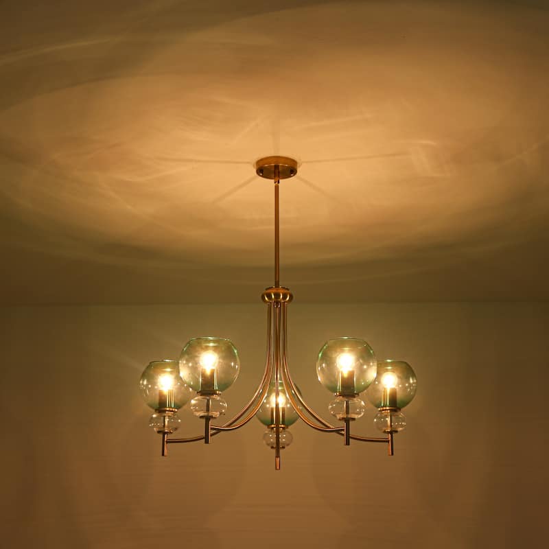 5-Light Mid-Century Modern Luxury Green Sputnik with Open/Bubble Glass Globe Shades Chandelier for Dining Room, Living Room