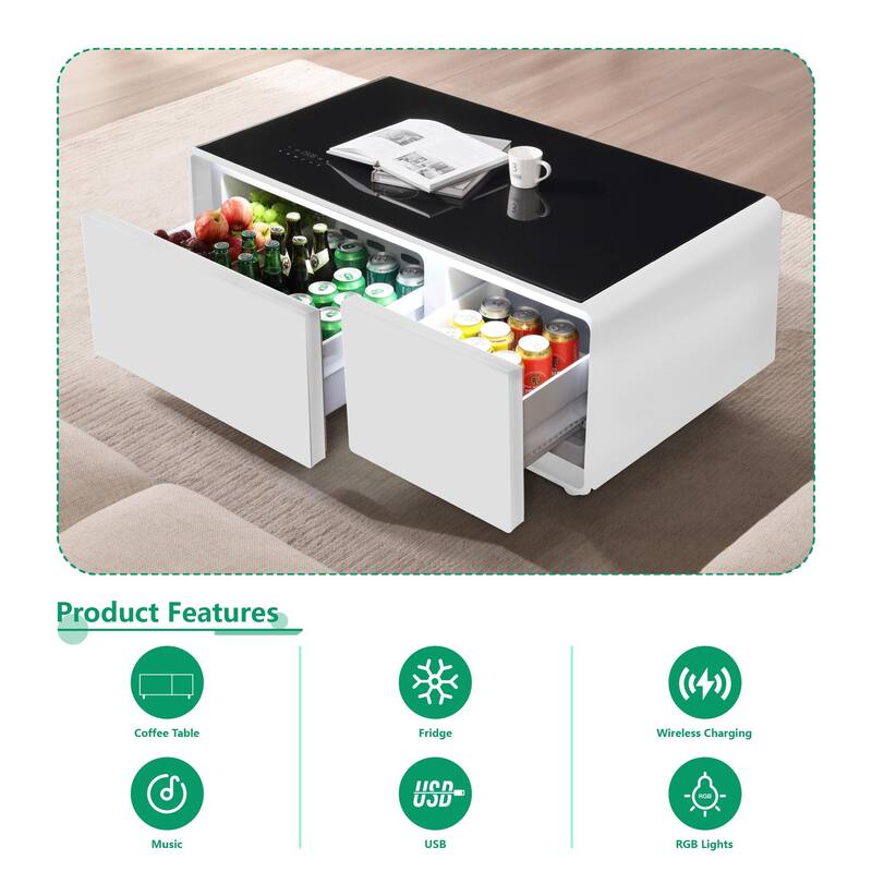 Smart Coffee Table with Built-in Fridge,Bluetooth Speaker,Wireless Charging,Touch Control Panel,USB Interface,Outlet Protection