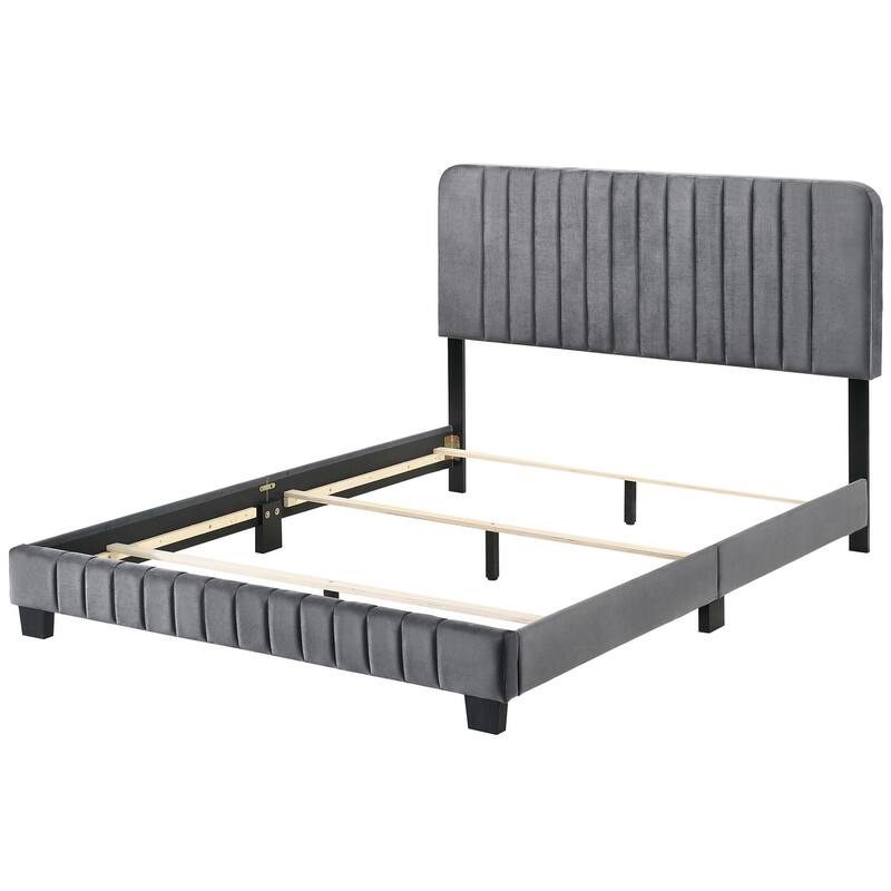 Solid Velvet Upholstered Channel Tufted Queen Panel Bed - 86" - Gray