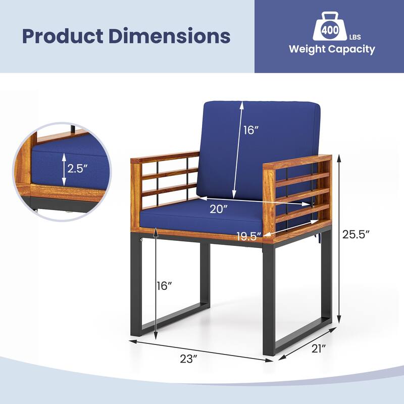 2-Piece Outdoor Solid Wood Dining Chairs with Navy Seat and Metal Frame Included Cushions - 21” x 23” x 25.5” (L x W x H)