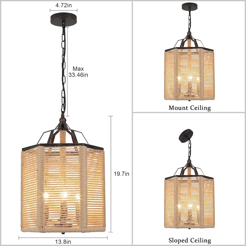 3-Light Farmhouse Lantern-style Chandelier with Hemp Rope for Living Room