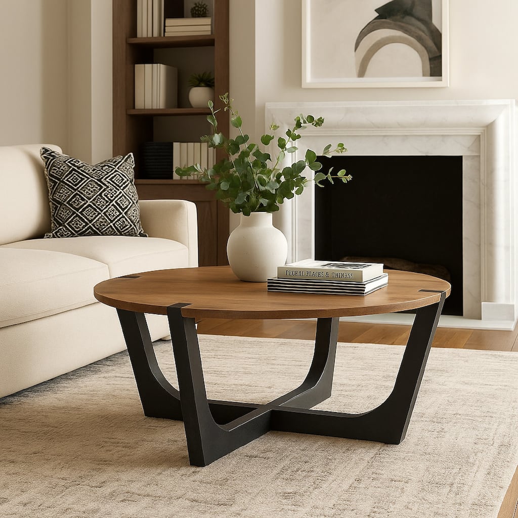 Leyi Round Coffee Table, Angled Legs, 44 Inch Brown Mango Wood