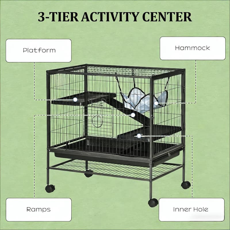 Pet House,Small Animal Hutch Cage,Small Pet Hutch with Wheels is designed for convenient cleaning - Black,Silver