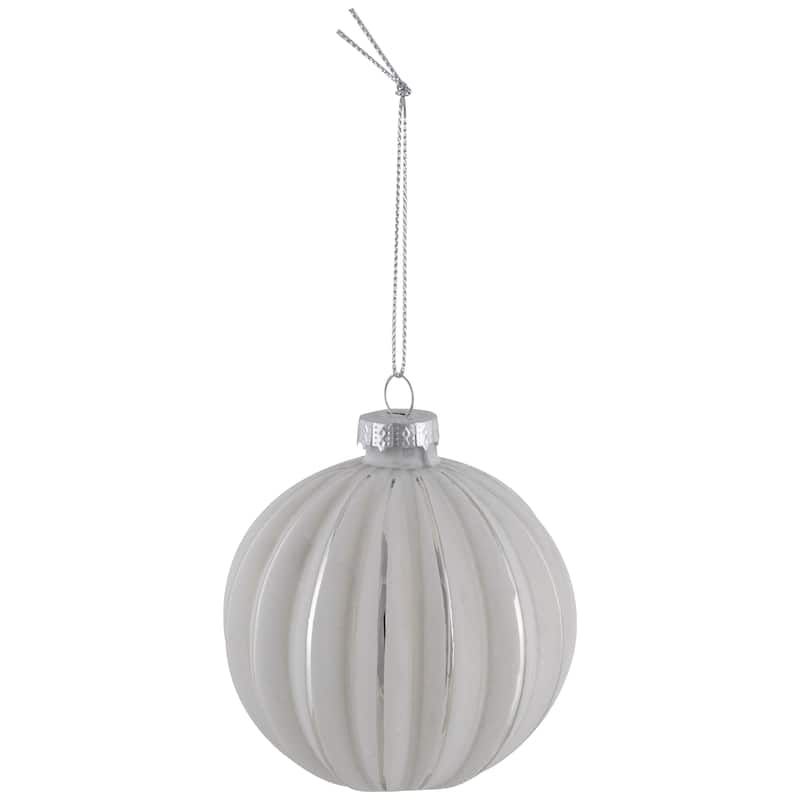 Striped Ball and Onion Glass Christmas Ornaments - 3" (80mm) - White and Silver - 4ct