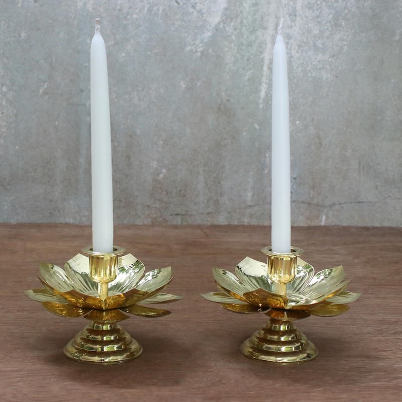 Novica Handmade Luminous Lotus Brass Candlesticks (Pair)