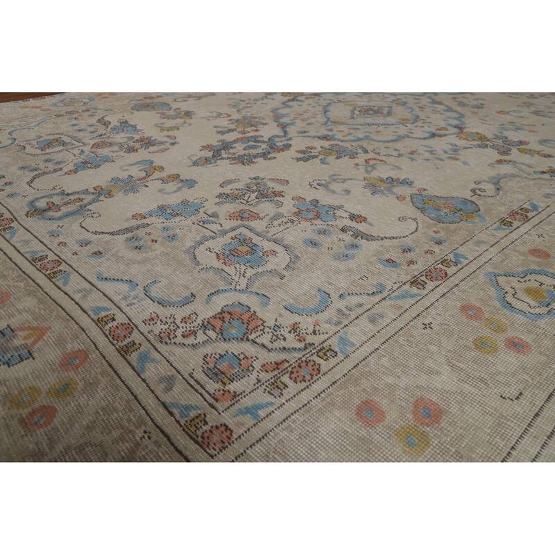 Tabriz Persian Area Rug Beige Floral Handmade Wool Carpet - 7'10"x 11'1"