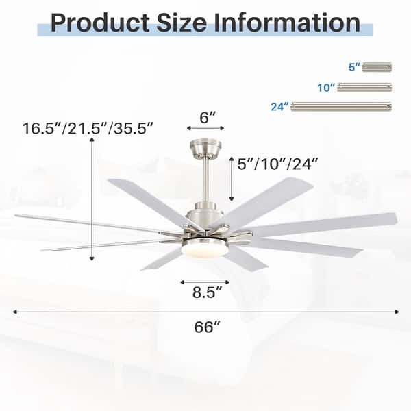 dimension image slide 10 of 19, Sofucor 52/66/72/76/84Inch Large Ceiling Fan with Dimmable LED Light ,Remote&APP Control,8 Blades for Large Living Room,Porch