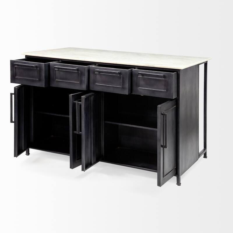 Fieri White Marble Top w/Black Solid Iron Frame Kitchen Island - 58"W x 32"D x 37"H
