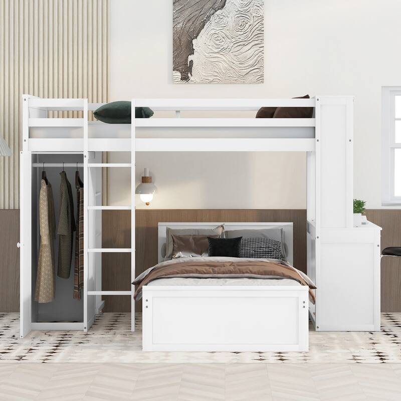 Loft Bed with a Stand-alone bed, Shelves, Desk and Wardrobe