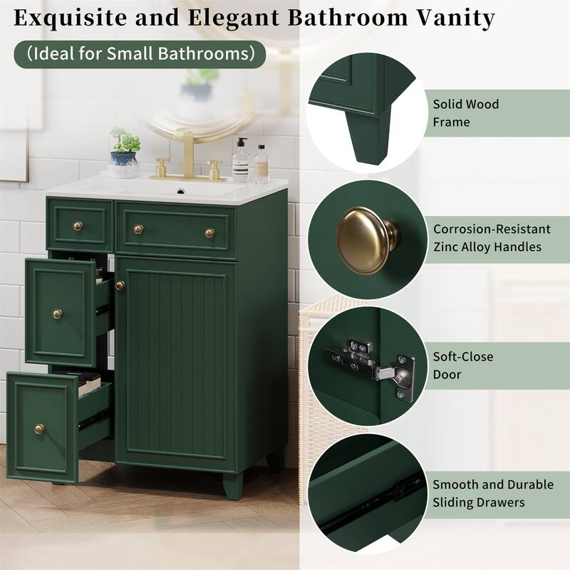 24" Bathroom Vanity with Ceramic Sink, Two Drawers, Soft-Close Door