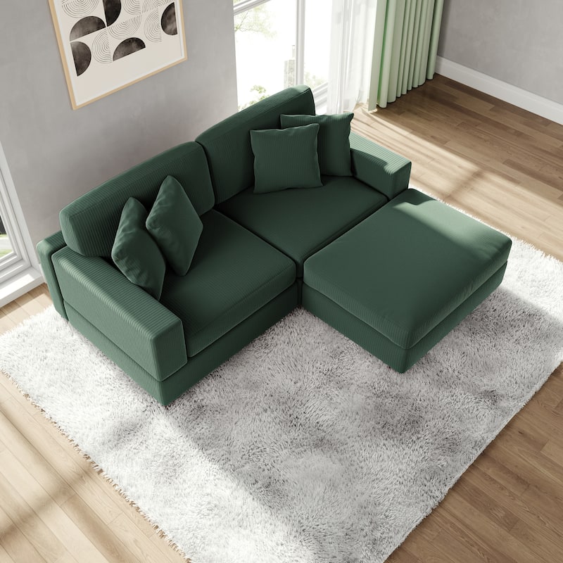 Modular Corduroy Sectional Sofa Set Chaise Couch with Ottoman