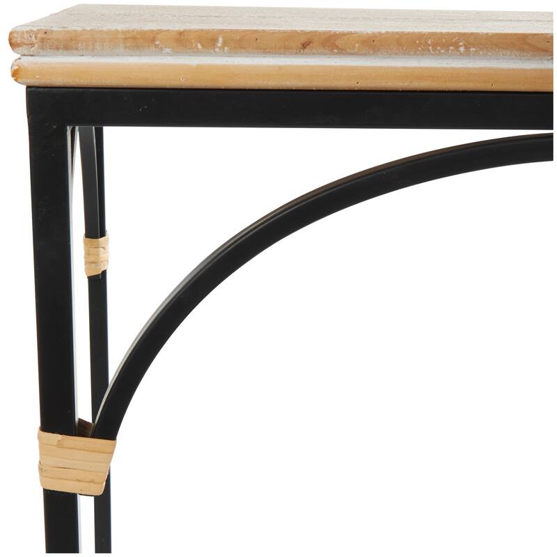 Black Metal Arched Accent Table with Wood Zig Zag Patterned Top and Rattan Accents (Set of 2)