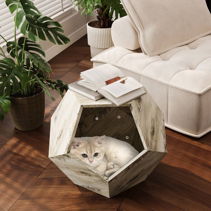 25.98'' Shaped Modern Pet Furniture Cat Kennel Side Table MDF Multi-Purpose Furniture, Colored Flower Oak
