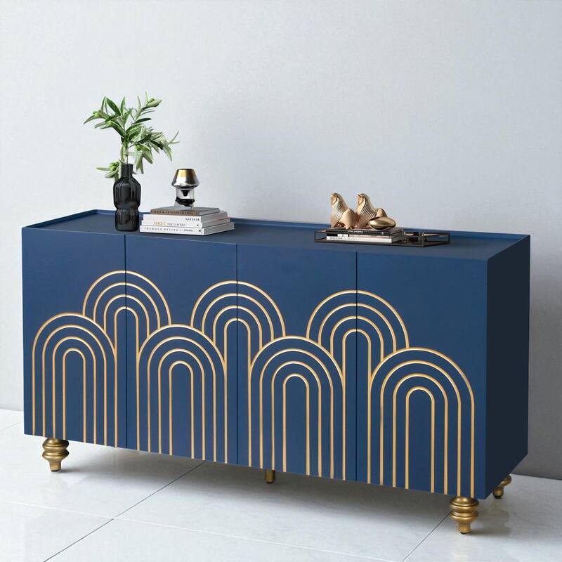 Modern Fluted Sideboard Buffet with Adjustable Shelves, Gold Base & 4 Doors for Kitchen or Dining Room