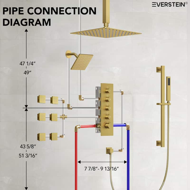 Thermostatic Rainfall Shower System with Handheld Spray, 16" & 6" Dual Shower Head and 6 Body Jets