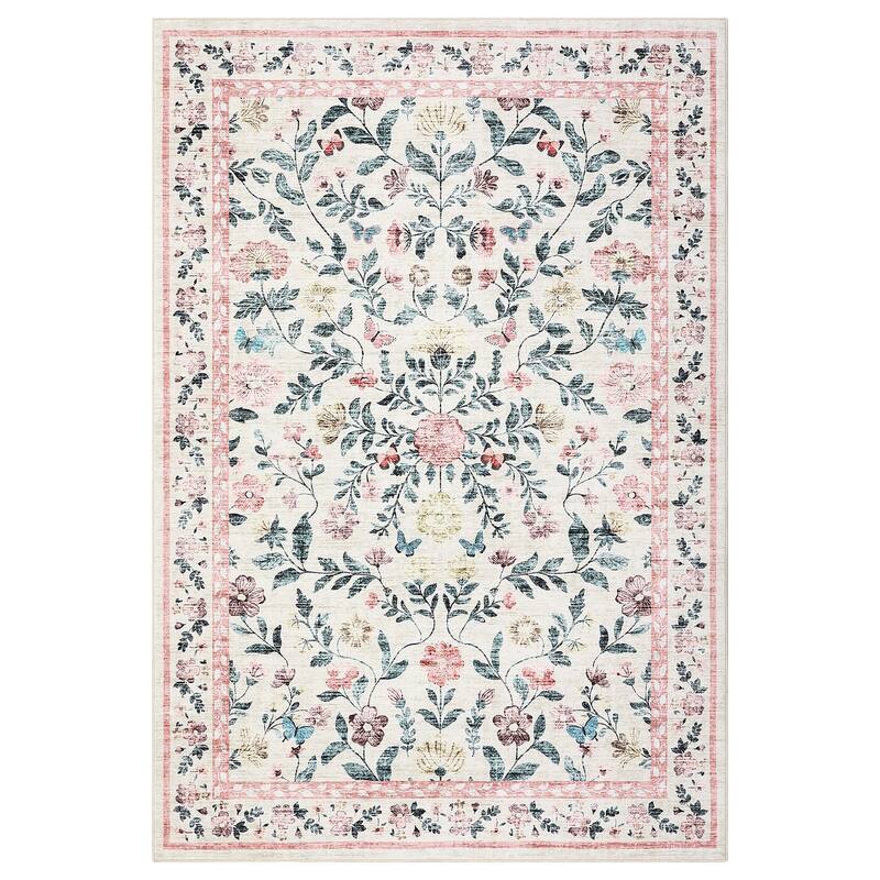 Living Room Rug Machine Washable Area Rug Non Slip Farmhouse Floral Rug Low Pile Soft Foldable Rugs