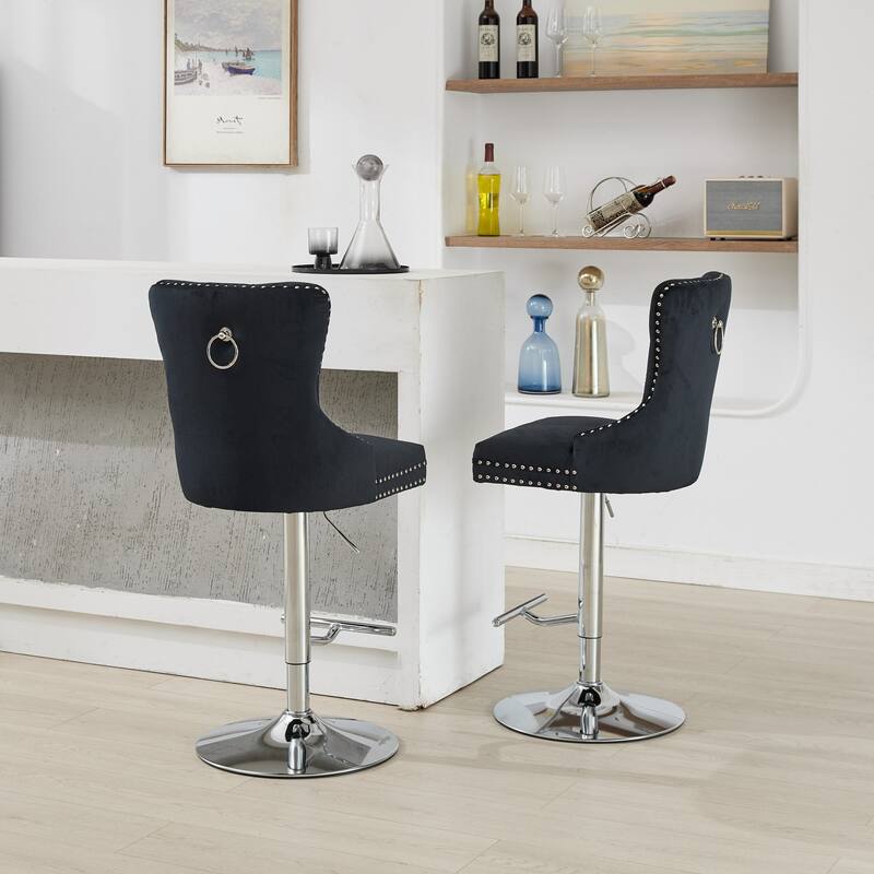 Thick Chrome Swivel Velvet Barstools,Adjustable Height,Modern Upholstered,Sponge&Spring（Set of 2)