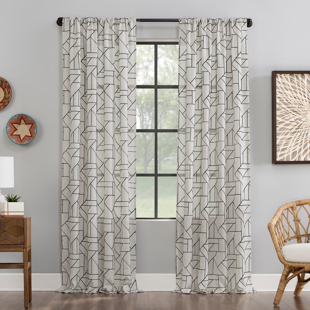 Archaeo Jigsaw Embroidery Linen Blend Curtain, Single Panel