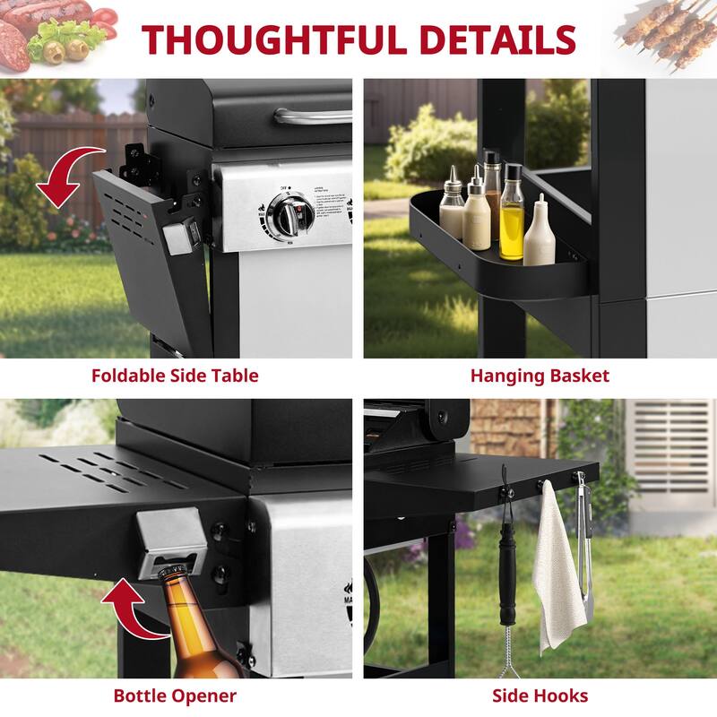 4-Burner 36,000BTU Propane Gas Grill with Brush, Stainless Steel Camping Stove with Foldable table, Hanging Basket, Support Legs