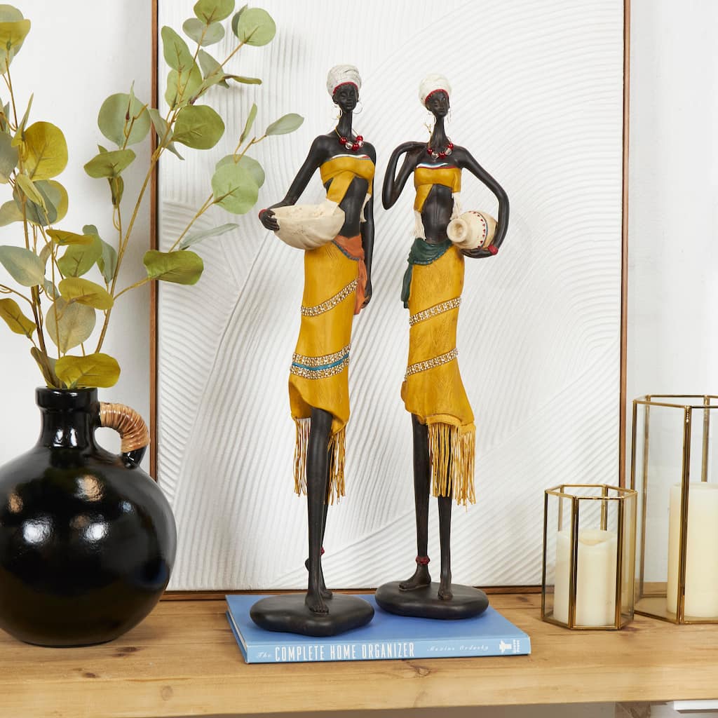 Yellow Polystone Handmade African Woman People Decorative Sculpture with Water Jugs and Jeweled Details (Set of 2)