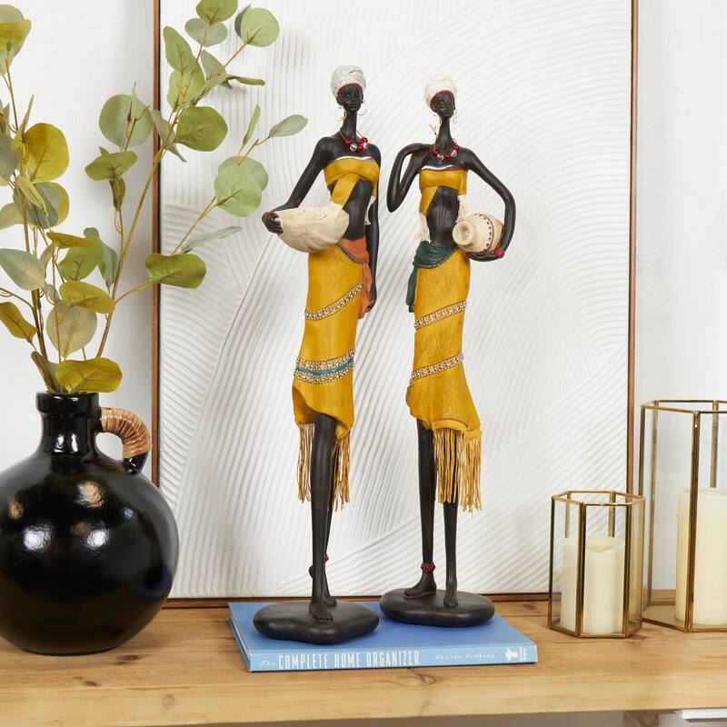 Yellow Polystone Handmade African Woman People Decorative Sculpture with Water Jugs and Jeweled Details (Set of 2) - Yellow