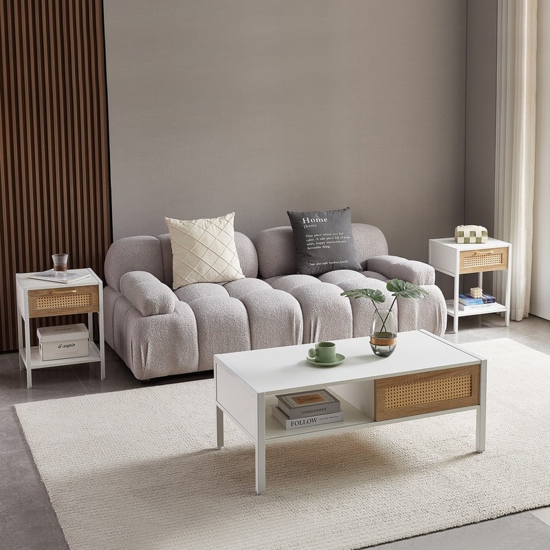 40.16" Modern Rattan Coffee Table with Sliding Storage Doors and Metal Legs for Living Room