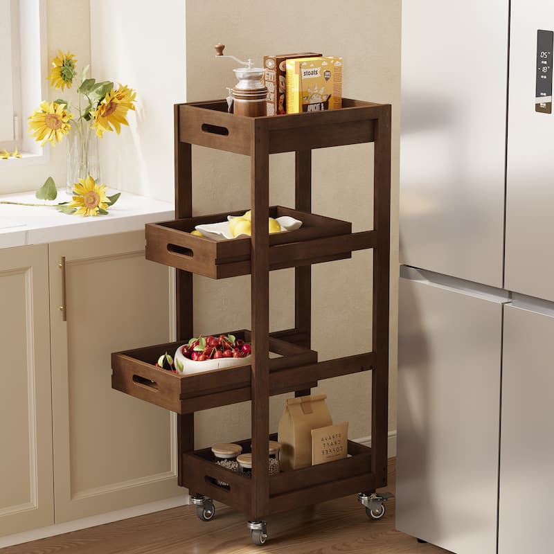 Slim Solid Wood Storage Cart, 4-Tier Kitchen Rolling Cart with Wheels