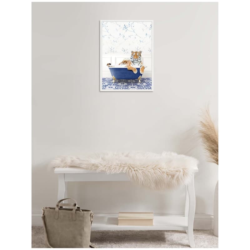 Kate and Laurel Sylvie Tiger in Eclectic Blue Bathtub Framed Canvas by Amy Peterson