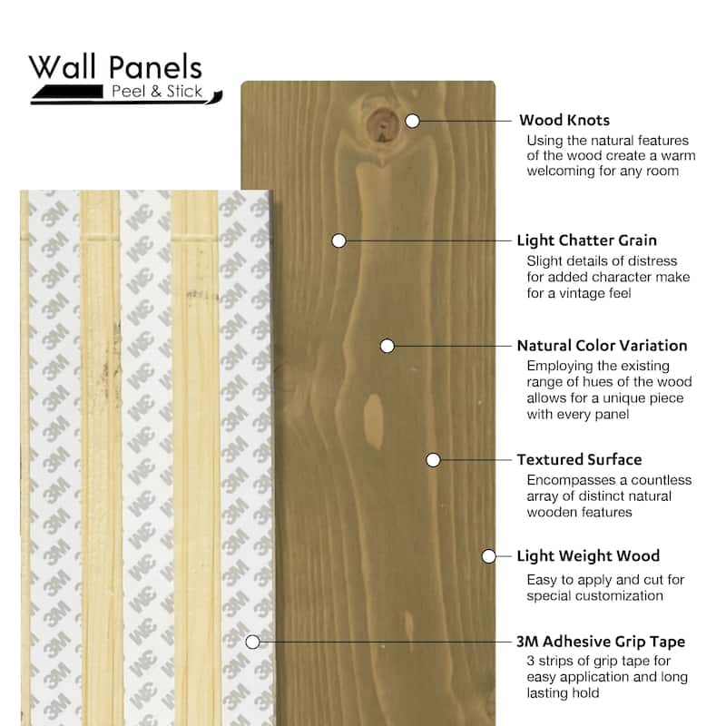 Peel and Stick Solid Wood Wall Paneling, Assorted Length, 5-inch Width, 19 sq ft