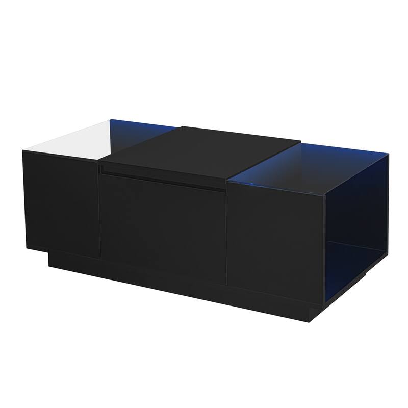 LED Coffee Table with 2 Drawers, Rectangle High Gloss Center Table, Modern Glass Tabletop Storage Table for Living Room