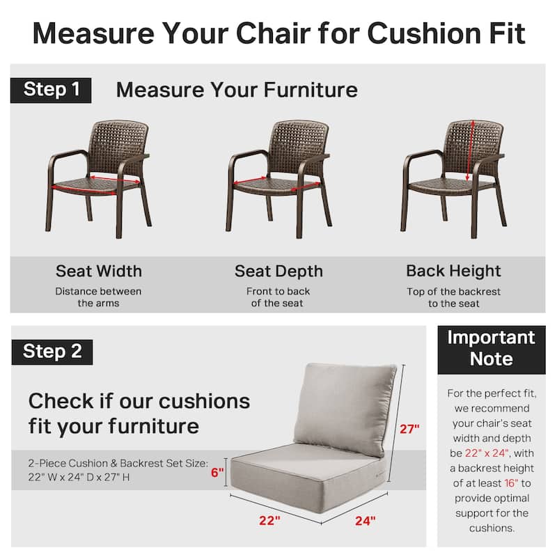 22" W x 24" D x 6" T Water & Fade Resistant Outdoor Lounge Chair Replacement Cushion Set