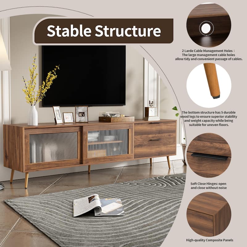 70" Walnut Modern TV Stand for 75 Inch TV, Media Console with Glass Doors, Drawers & Storage Cabinet