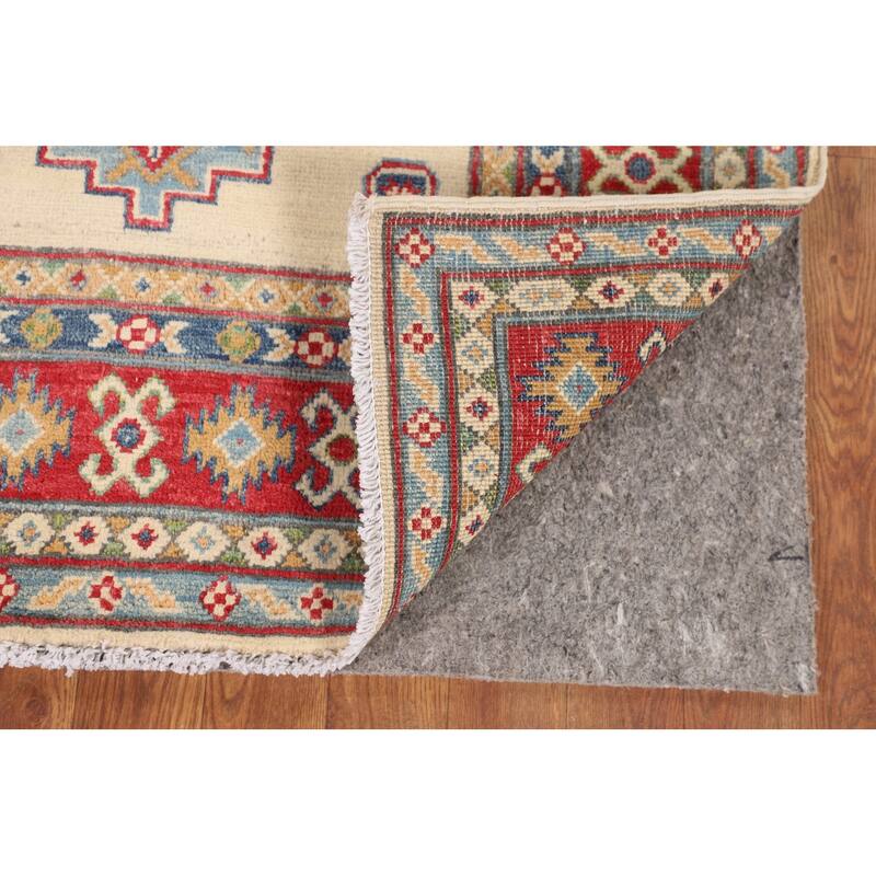 Beige / Ivory Kazak Accent Rug Hand-Knotted Geometric Wool Carpet - 3'11" x 4'11"