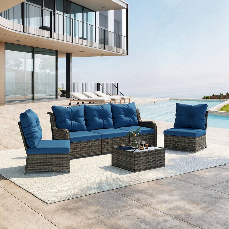 5-Person Outdoor Wicker Patio Conversation Sets with Table and Cushion