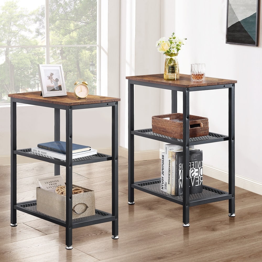 VECELO Industrial Style 3-Tier Nightstands Set of 2 with Open Storage Shelves MDF Top Space Saving for Living Room and Bedroom