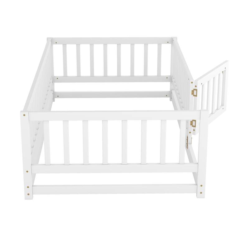 Full Size Montessori Floor Bed with Fence and Door, Kids Wood Bed Frame, Natural Pine Wood Floor Bed