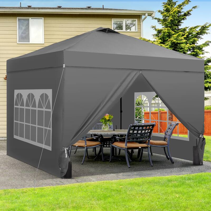 Ainfox 10x10 Pop Up Canopy Tent with 4 Sidewalls, Easy Set up with One Push Lift Outdoor Beach Gazebos with 4 Sandbags - Grey