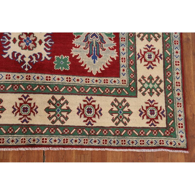 Red Geometric Kazak Oriental Area Rug Hand-Knotted Wool Carpet - 5'8" x 8'4"