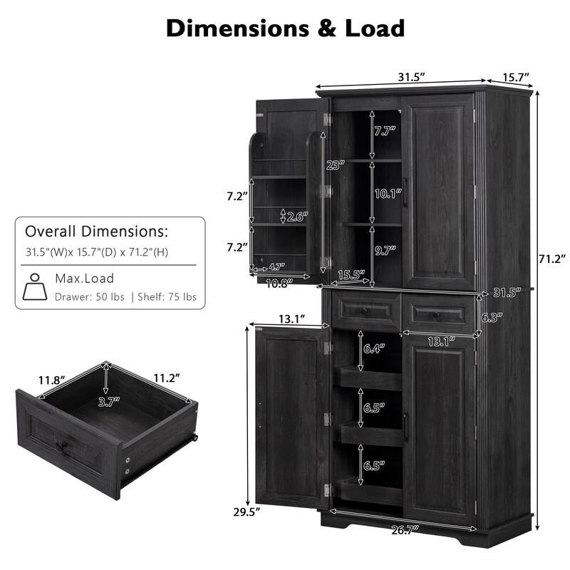 Freestanding 71" Tall Kitchen Pantry Cabinet with Pull-Out Organizers and Unique Embossed Texture for Organized Storage