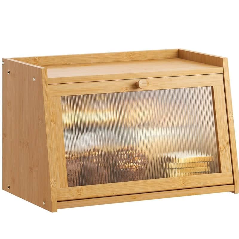 Large bread box for kitchen countertop, rustic-style bread container, bread storage box with window - Natural