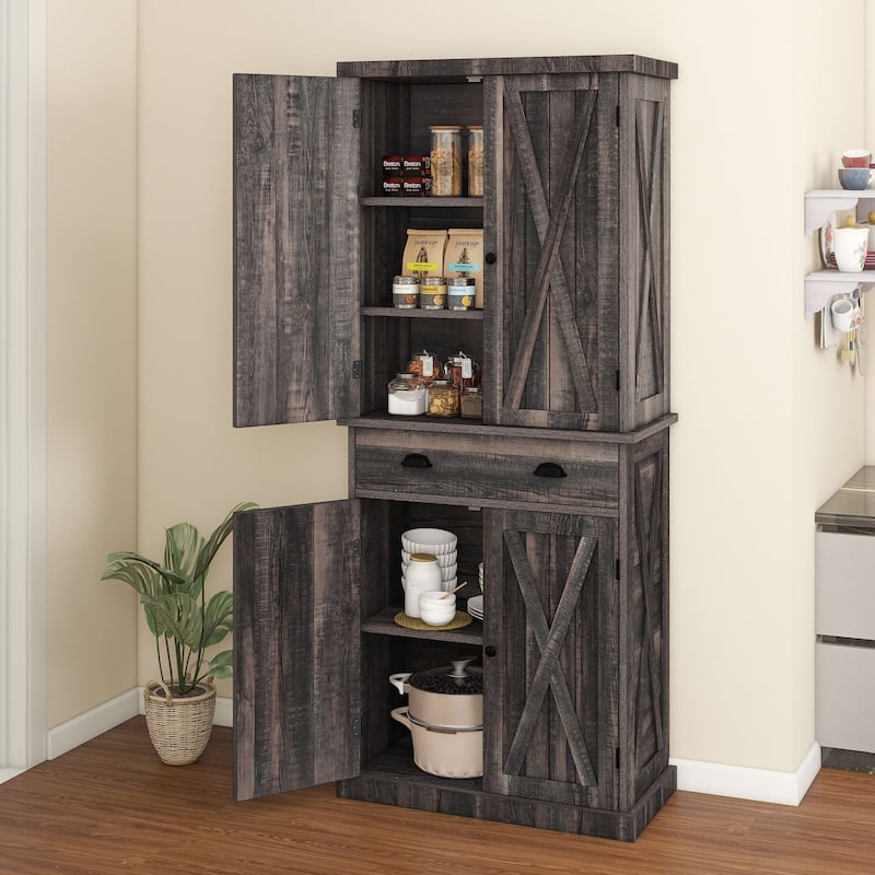 Moasis Farmhouse Freestanding 72'' Kitchen Pantry Storage Cabinet Cupboard with Drawer Adjustable Shelves