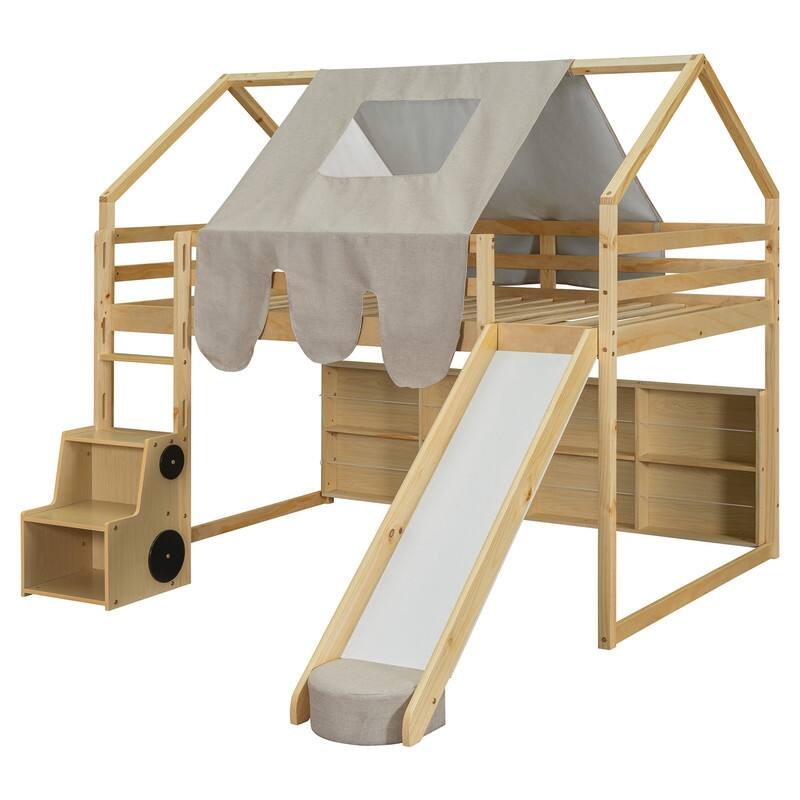 Twin/Full Size House Loft Bed with Slide and Tent, Wooden House Bed with Roof Frame, Storage Shelves & Car Shaped Storage Unit