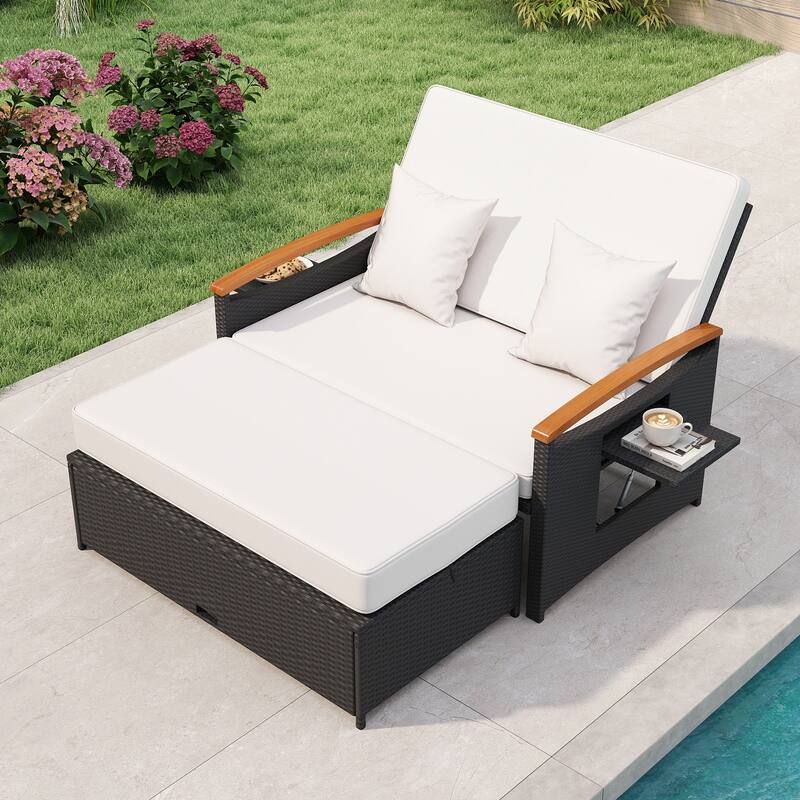 Gymax Patio Rattan Daybed Set w/Cushioned Loveseat & Storage Ottoman - White