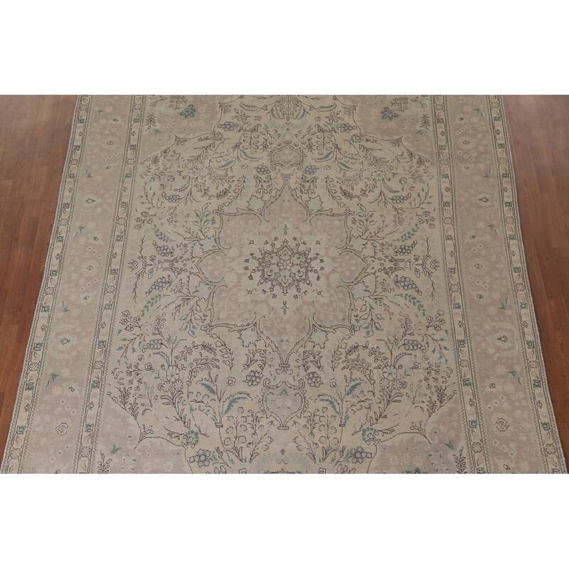 Hand Knotted Oriental 100% Wool Carpet Traditional Floral Beige & Ivories Tabriz Area Rug - 12' 11'' X 9' 6''